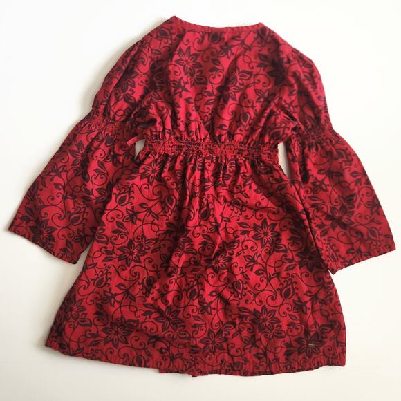 Tea Collection Red Floral Scroll Wrap Dress | Long Bell Sleeves | Girls Size 5 - Picture 4 of 7